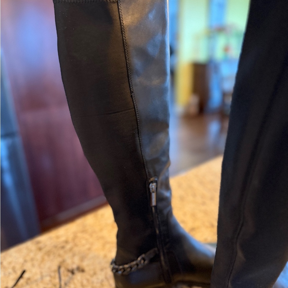 NWT Karl Lagerfeld Black Over-the-Knee Leather Boots with Chain Detail - Picture 8 of 10
